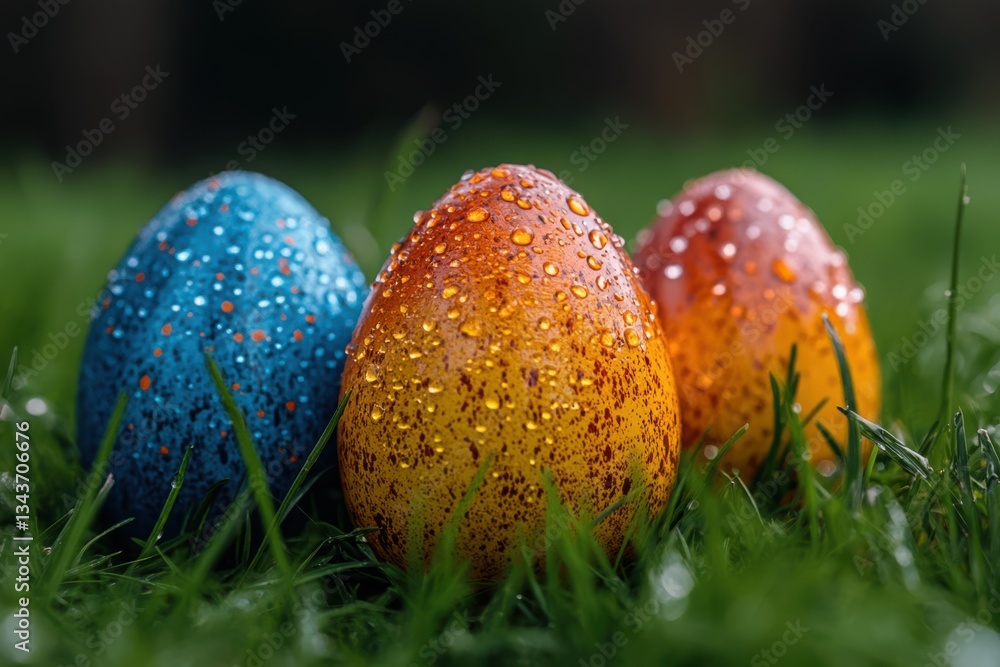 Poster an image depicting easter chaos with various birds and fruits such as apples and oranges scattered a