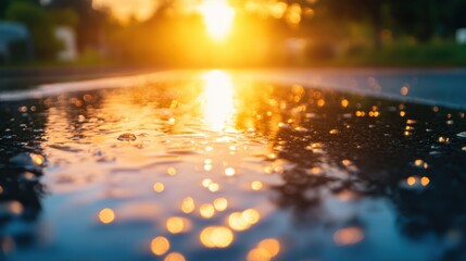 Reflections on Wet Pavement at Sunset with Glowing Bokeh Effects