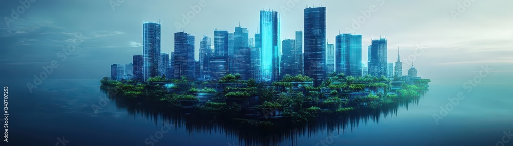 Poster aerial view of a vibrant city surrounded by lush greenery with a mysterious floating island hovering