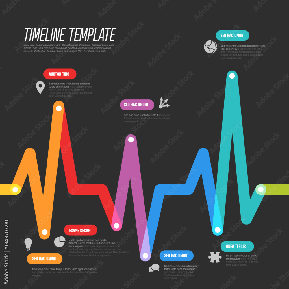 Poster infochart showcases a colorful timeline template with a wave-like design. it features multiple secti