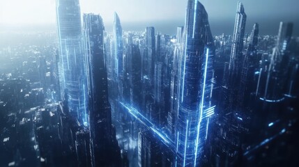 Futuristic city aerial view, glowing skyscrapers, vibrant cityscape, possible use stock photo for science fiction, video game, or advertisement