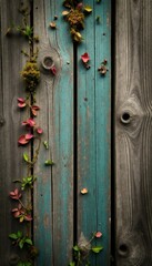 Weathered wooden boards with moss texture as background, forest, natural