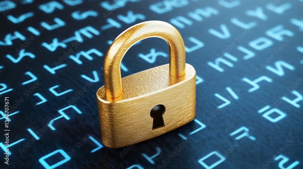 Poster a gold padlock rests on a dark blue surface with a digital code background. the padlock is highly de