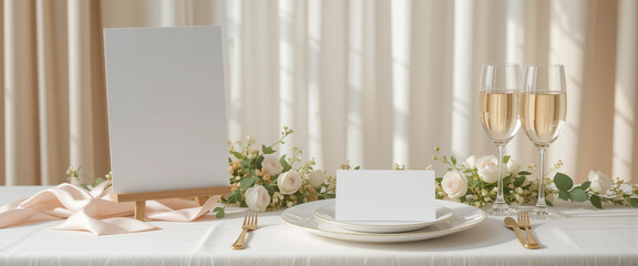 Elegant wedding table mockup with blank cards, roses, and gold cutlery.