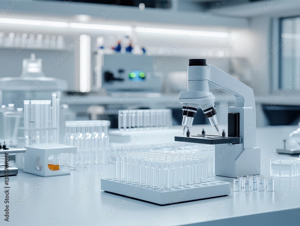 Poster detailed closeup of a microscope and colorful test tubes on a laboratory table emphasizing scientifi
