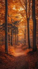 Obraz premium Autumnal forest path bathed in warm, golden light. Sunlight filters through vibrant orange and brown leaves. Dark tree trunks line a pathway covered in fallen leaves.