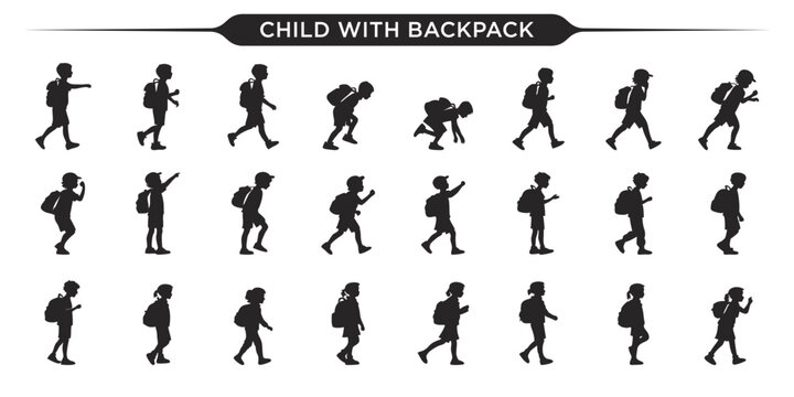 Silhouette of a child with a backpack in various walking and standing poses