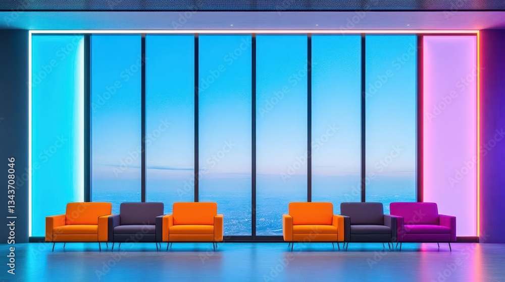 Poster bright and inviting room featuring a large window overlooking a scenic view with a vibrant colorful 