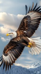 Fototapeta premium Majestic bald eagle soaring over snowy mountain landscape