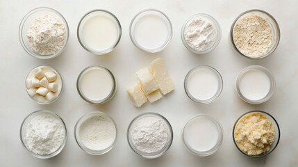 Various vegan plant based milk and ingredients, top view, copy space. Dairy free milk substitute drink, healthy eating.