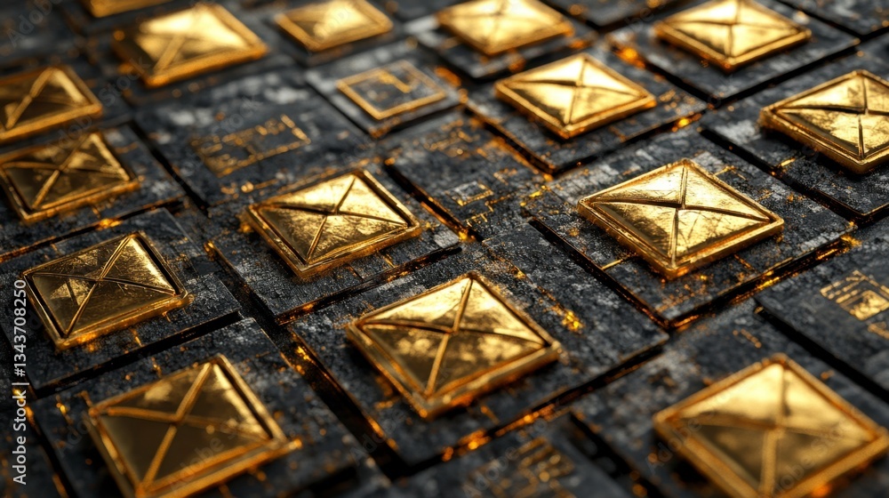 Poster abstract background of golden envelopes on dark textured surface. luxurious and intricate design wit