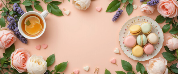 romantic tea party flat lay with pastel macarons, peonies
