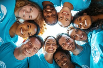 Hugging each other and smiling a group of volunteer people helping others - A coluoured team of Men and Women from different ethnicities embrace in a