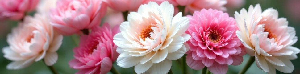 Fototapeta premium White and pink ranunculus blooms cluster together, showcasing texture and layering, botanicals, ranunculus