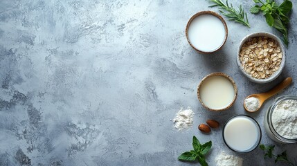 Various vegan plant based milk and ingredients, top view, copy space. Dairy free milk substitute drink, healthy eating.