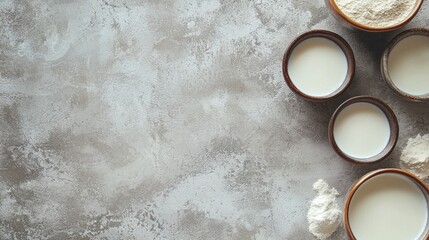 Various vegan plant based milk and ingredients, top view, copy space. Dairy free milk substitute drink, healthy eating.