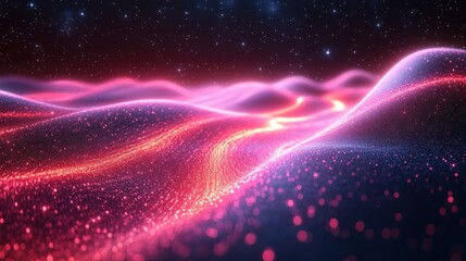 Abstract glowing wavy particles landscape under starry night sky