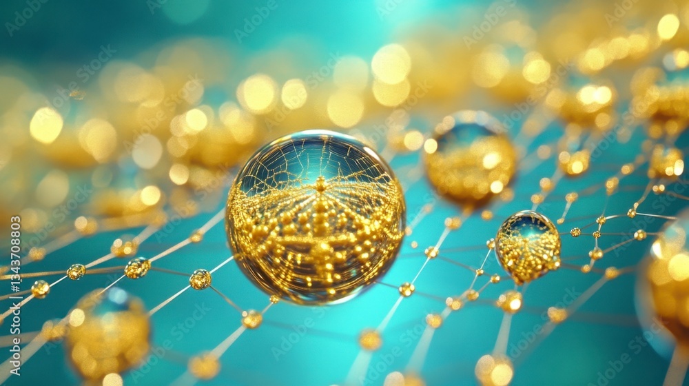 Poster abstract image of golden spheres interconnected by a teal network, reflecting light and creating a s