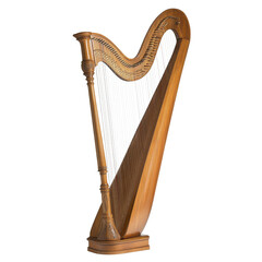 Elegant wooden harp crafted for music playing, showcasing intricate design and delicate strings in warm lighting on transparent background