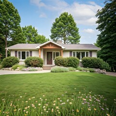 A beautiful ranch-style home with a low, wide facade, surrounded by a green lawn with low shrubs, wildflowers, and a tree-lined background, Ai Generated