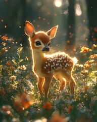 A newborn fawn takes its first steps in a sunlit meadow surrounded by vibrant flowers