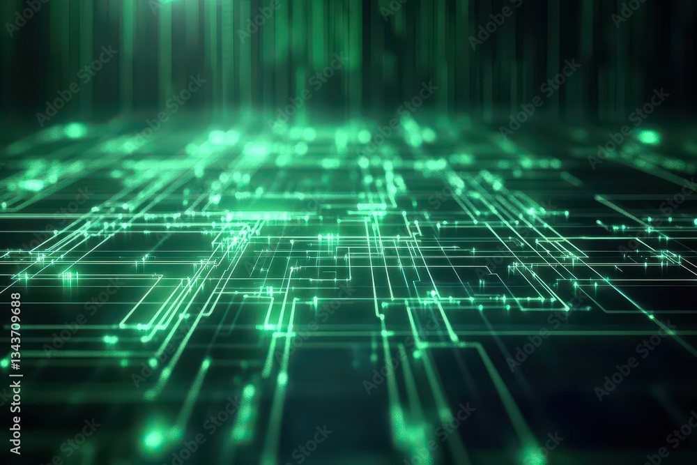 Poster intricate green circuit board design featuring numerous lines and dots in a modern technological sty