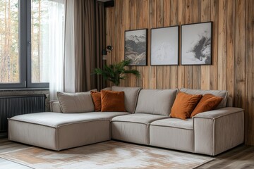 Fototapeta premium a modern and cozy living room interior with a comfortable sectional sofa, pillows and decorations