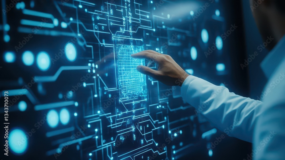 Poster a focused man interacting with a digital circuit on a high-tech touch screen in a modern environment