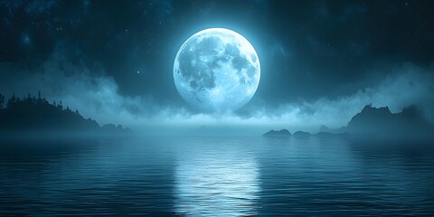 Serene Moonlit Night over Calm Water with Misty Landscape View