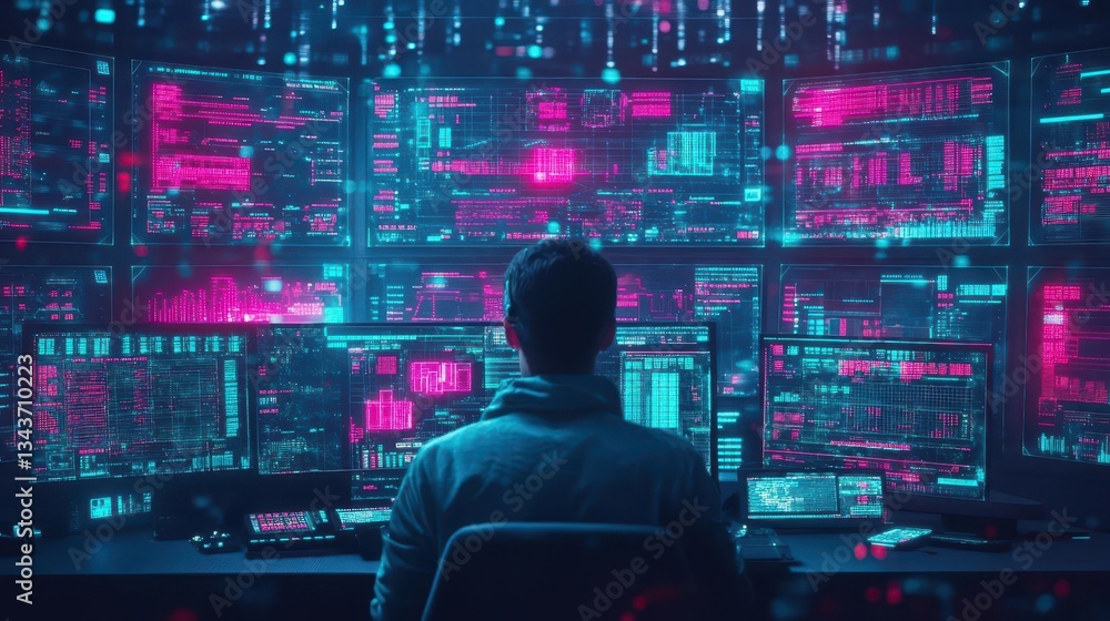 Poster focused man engaged with multiple computer screens in a modern office setting creating a productive 