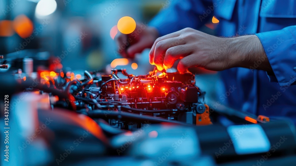 Poster focused engineer working diligently on advanced robotic technology in modern laboratory environment 