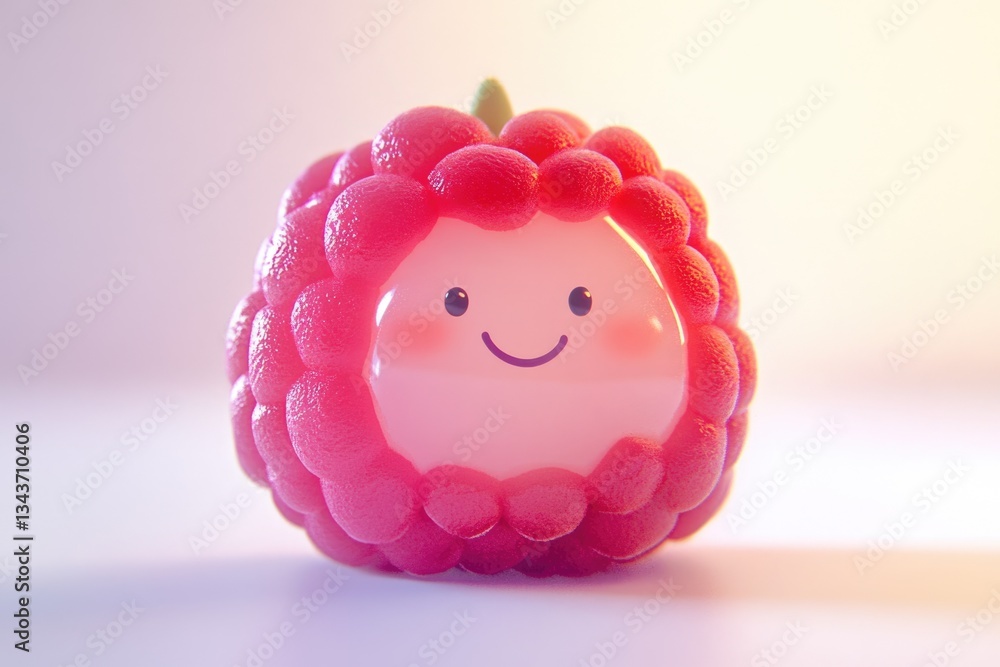 Poster a cute, cartoon-like rendering of a raspberry with a happy face.