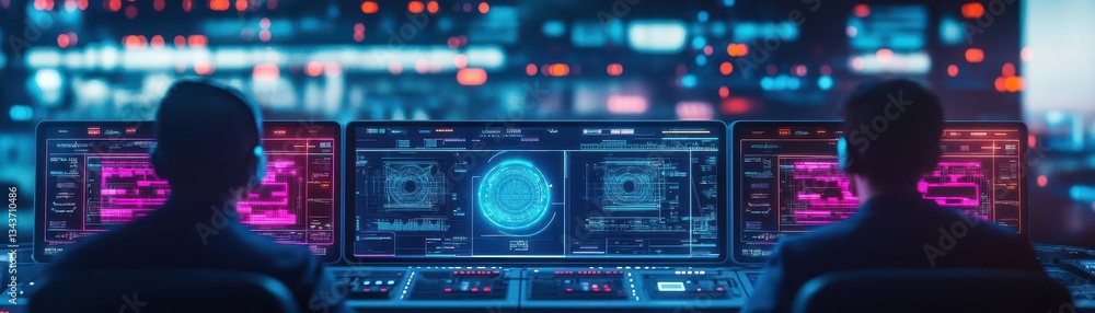 Poster two individuals engaged with a laptop displaying a futuristic interface in a modern workspace creati