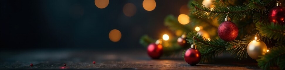 Obraz premium Wooden Christmas tree with ornaments and lights shining on a dark background, Ornaments, Wood