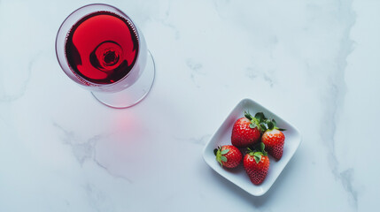 Elegant Wine and Strawberries Still Life in Minimalist Style on White Marble with Copy Space