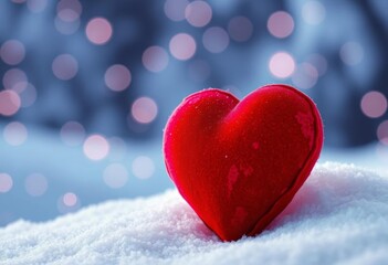 Obraz premium Red velvet heart on snowy background, sparkling lights, texture, red