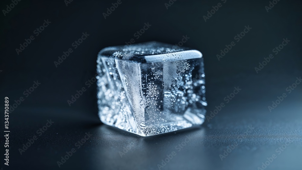 Poster clear ice cube with trapped bubbles against a dark background creates a stunning visual contrast in 