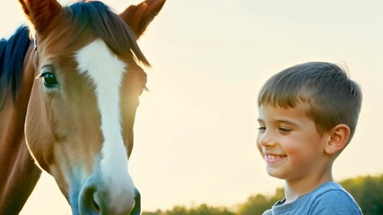 Caucasian Boy Child Smiling at Horse in Outdoor Setting on Sunny Day. Concept of Human-Animal Bond, Childhood Happiness, Outdoor Adventure, Nature Connection, cute pony and kid