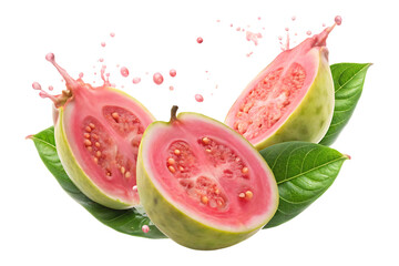 Pink guava fruit with juice splash on transparent background 