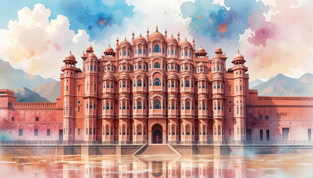Watercolor painting of hawa mahal palace jaipur india architecture heritage.
