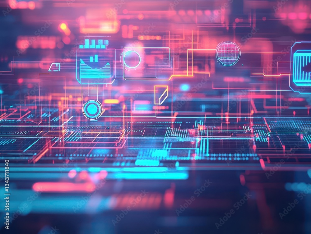 Poster intricate computer circuitry showcasing diverse electronic devices and components in a modern techno