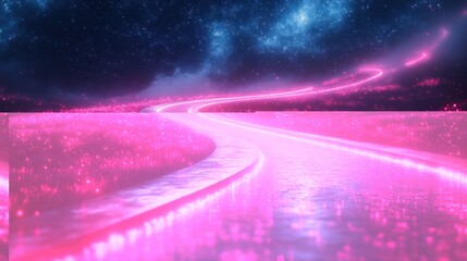 Neon path winding through a field of glowing flowers at night under a starry sky