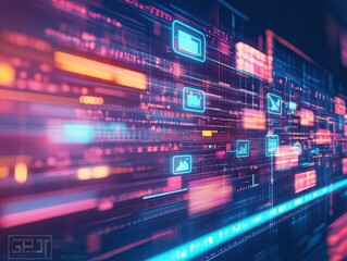 Fototapeta premium Vibrant Digital Interface Showcasing Modern Technology with a Stunning Blue and Pink Gradient Background Evoking a Dynamic and Innovative Atmosphere