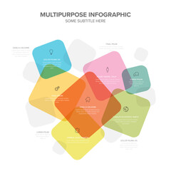 A multipurpose infographic with overlapping colorful shapes including orange, green, and blue squares. It features minimal icons, placeholder text, and a clean, professional layout.