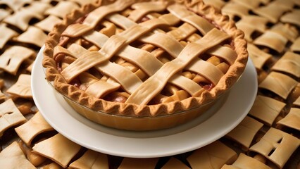  Apple pie. The pie has a golden brown crust on top and a lattice-like lattice pattern on the sides. The lattice is made up of small pieces of apples arranged in a crisscross pattern. 