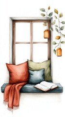 Cozy window seat with colorful pillows, a book, and gentle greenery, creating a serene reading nook in a warm environment.