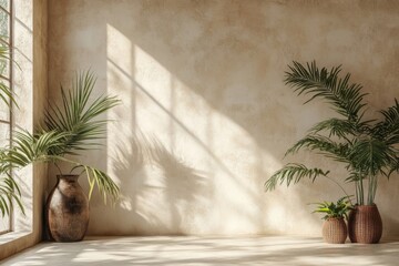 sunlight cast shadows across an interior scene with plants in pots near the window