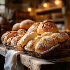 Freshly baked bread displayed on rustic wooden table in bakery