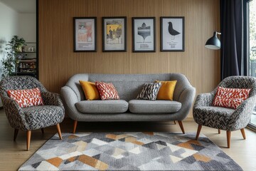a modern and cozy living room with stylish furniture and decor, creating a comfortable and inviting space. The room features a sofa, armchairs, a rug, wall art, and a floor lamp.
