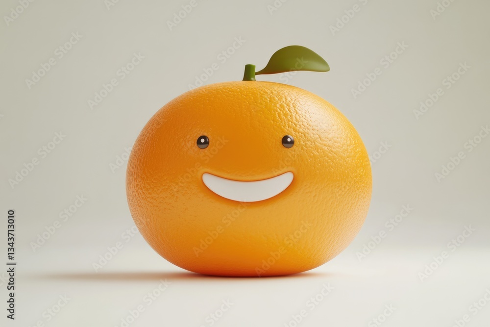 Poster a cheerful 3d rendered orange with a smiling face, a simple yet delightful image.